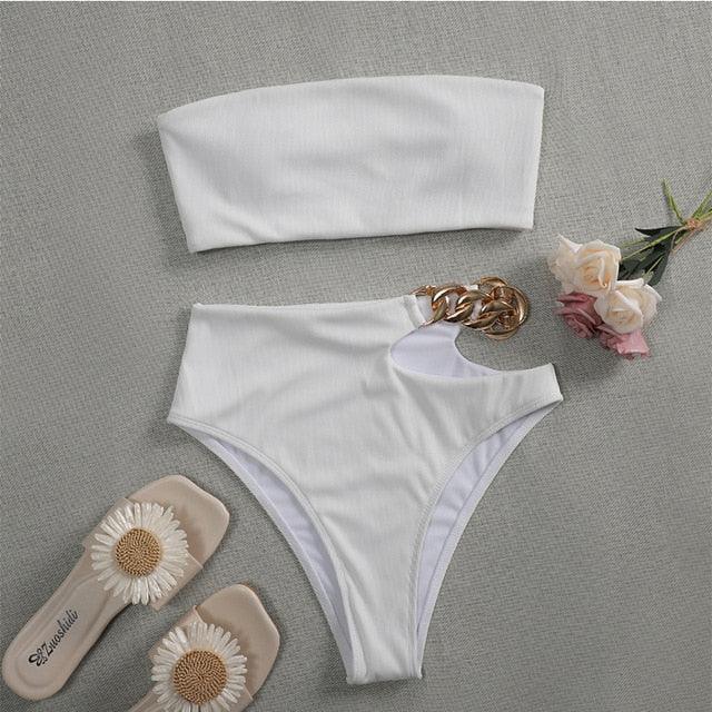 Solid Bikini High Waist Swimwear Female Chain Swimsuit Women 2 Pieces Set Sports Bathing Suit Women's Bikini Set Two Piece Smocked Swimsuits Ruffle Off Shoulder Bathing Suit With High Waist Bottoms