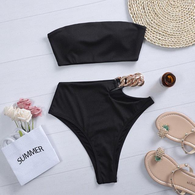 Solid Bikini High Waist Swimwear Female Chain Swimsuit Women 2 Pieces Set Sports Bathing Suit Women's Bikini Set Two Piece Smocked Swimsuits Ruffle Off Shoulder Bathing Suit With High Waist Bottoms