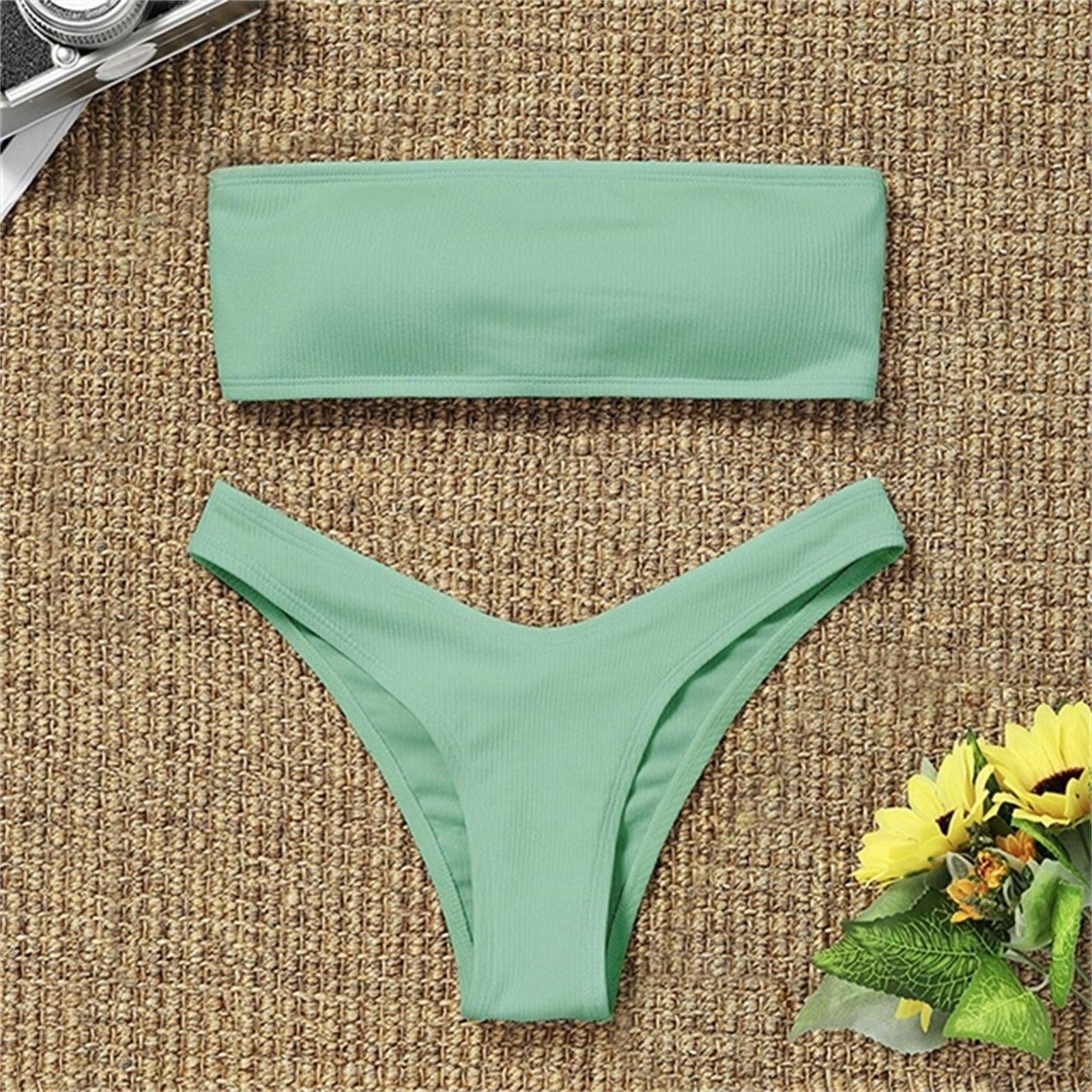 Solid Bikini Swimsuit Women Bikini Set Women Strapless Ribbed  Bikini Set Lace Up High Cut Two Piece Swimsuit Bathing Suit Two Piece Tube Top Swimwear Female Bather Swimming Suit