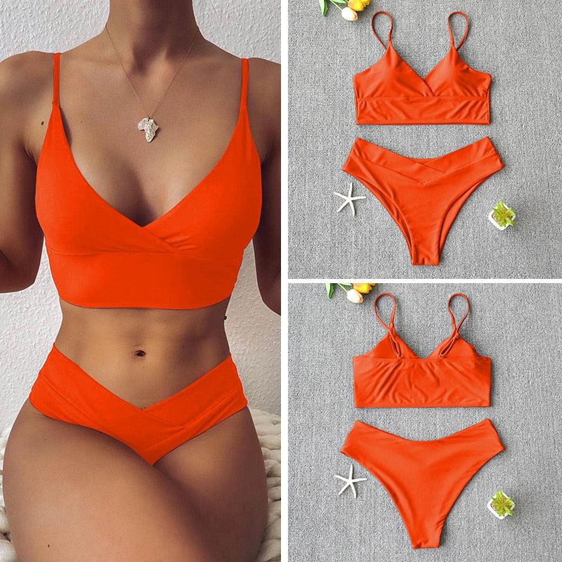 Solid Swimsuit Women Bikini Push Up Women's Crisscross Halter Bandage Bikini Strappy Bottom Swimsuits Swimwear Bikini Set Bathing Suit Two Piece Swim Suit Female