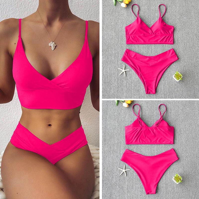 Solid Swimsuit Women Bikini Push Up Women's Crisscross Halter Bandage Bikini Strappy Bottom Swimsuits Swimwear Bikini Set Bathing Suit Two Piece Swim Suit Female