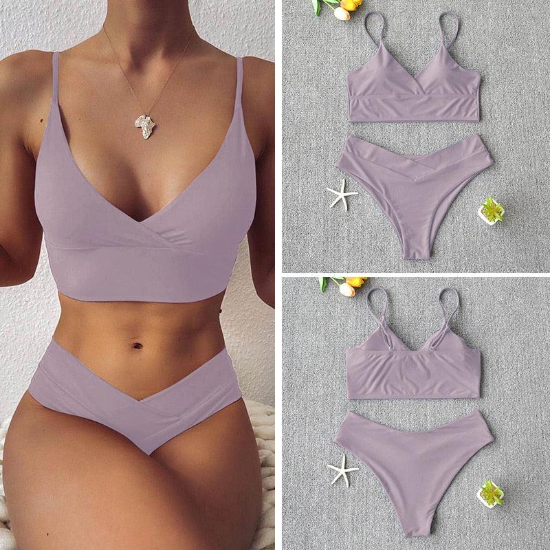 Solid Swimsuit Women Bikini Push Up Women's Crisscross Halter Bandage Bikini Strappy Bottom Swimsuits Swimwear Bikini Set Bathing Suit Two Piece Swim Suit Female