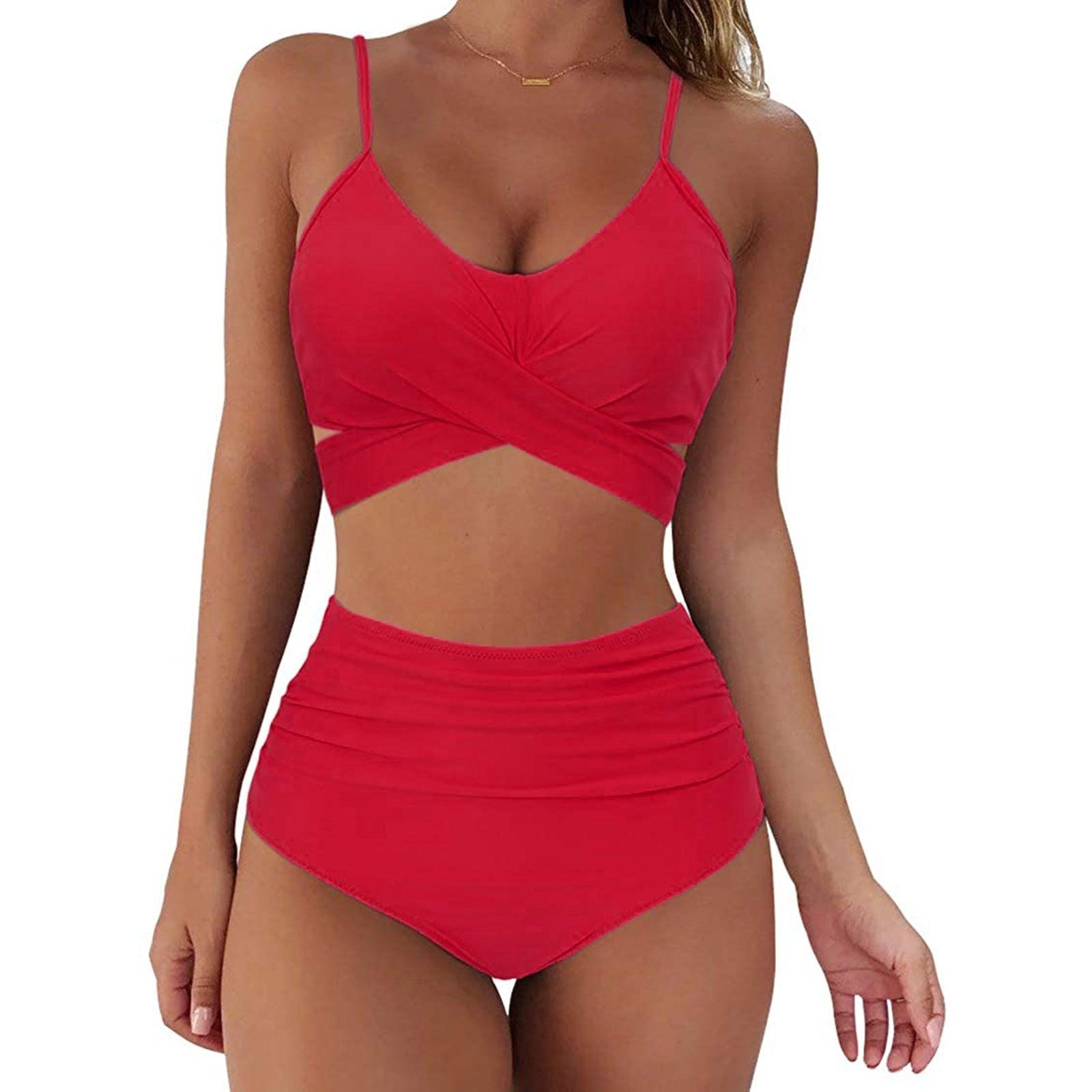 Solid Swimwear Women Top Swimsuit Bikini Solid Push Up High Cut Lace Up Halter Bikini Set Women High Waist Bikini Twist Front Swimsuits Lace Up Bikini Tops 2 Piece Bathing Suits Summer Swimsuit