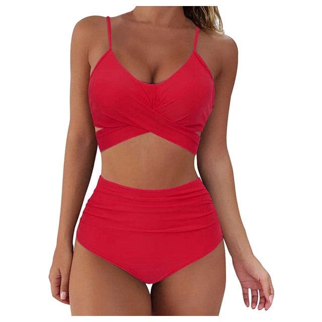 Solid Swimwear Women Top Swimsuit Bikini Solid Push Up High Cut Lace Up Halter Bikini Set Women High Waist Bikini Twist Front Swimsuits Lace Up Bikini Tops 2 Piece Bathing Suits Summer Swimsuit