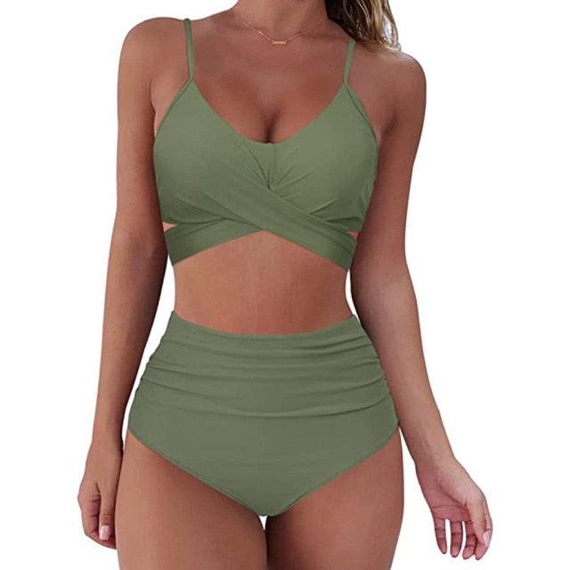 Solid Swimwear Women Top Swimsuit Bikini Solid Push Up High Cut Lace Up Halter Bikini Set Women High Waist Bikini Twist Front Swimsuits Lace Up Bikini Tops 2 Piece Bathing Suits Summer Swimsuit