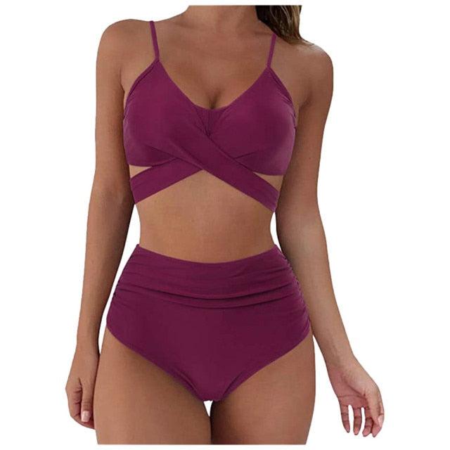 Solid Swimwear Women Top Swimsuit Bikini Solid Push Up High Cut Lace Up Halter Bikini Set Women High Waist Bikini Twist Front Swimsuits Lace Up Bikini Tops 2 Piece Bathing Suits Summer Swimsuit