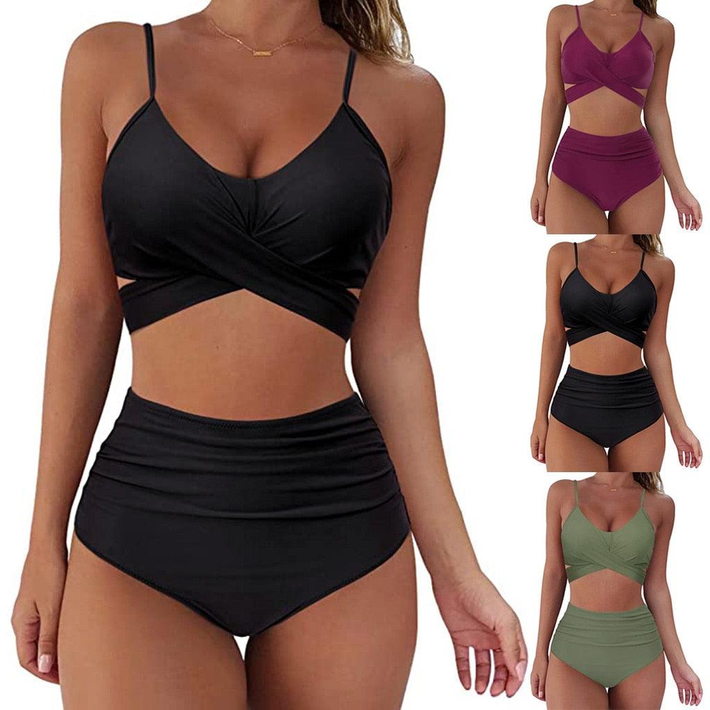 Solid Swimwear Women Top Swimsuit Bikini Solid Push Up High Cut Lace Up Halter Bikini Set Women High Waist Bikini Twist Front Swimsuits Lace Up Bikini Tops 2 Piece Bathing Suits Summer Swimsuit