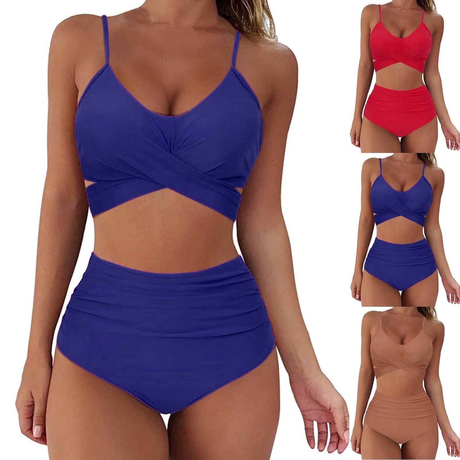 Solid Swimwear Women Top Swimsuit Bikini Solid Push Up High Cut Lace Up Halter Bikini Set Women High Waist Bikini Twist Front Swimsuits Lace Up Bikini Tops 2 Piece Bathing Suits Summer Swimsuit