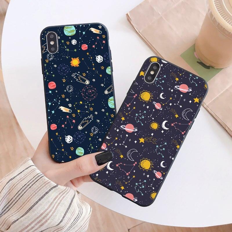 Space Moon Case For iPhone XR XS Max X 12 11 13 Pro MAX Cases Black Painted Phone Cover For iPhone 7 8 7Plus 8Plus 6S 6Plus Space Galaxy Phone Case for Woman Man Soft Shockproof Protective Case Cover Designed for iPhone