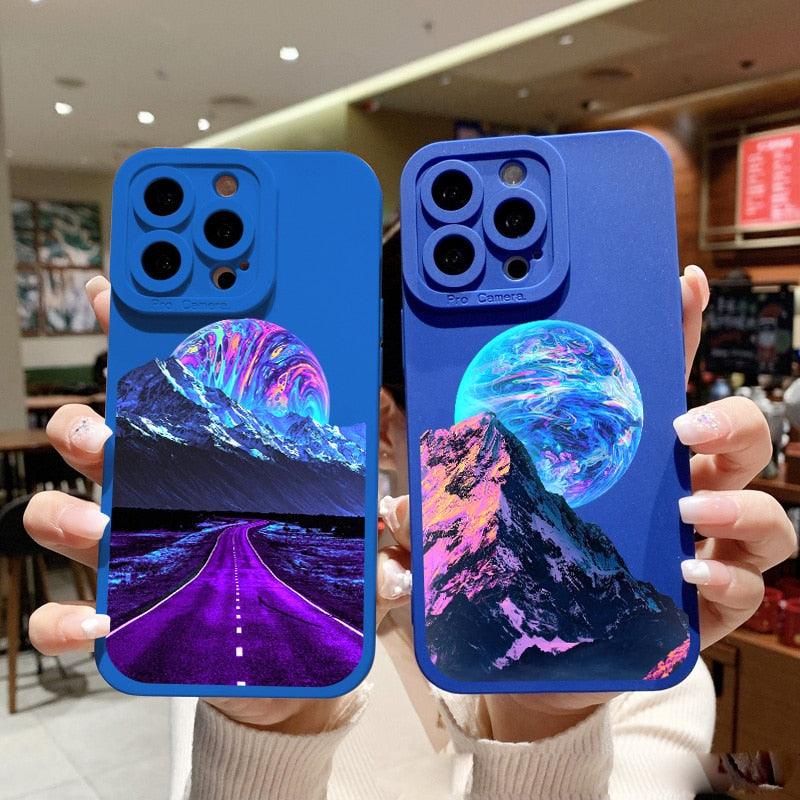 Space Moon Case For iPhone XR XS X 11 12 13 Pro Max Cases Blue Painted Phone Cover For iPhone 7 8 Plus SE Soft Silicon Case Mountains Nature Moon Slim Case Protective Soft Shockproof Case with Lens Protector