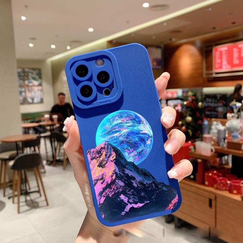 Space Moon Case For iPhone XR XS X 11 12 13 Pro Max Cases Blue Painted Phone Cover For iPhone 7 8 Plus SE Soft Silicon Case Mountains Nature Moon Slim Case Protective Soft Shockproof Case with Lens Protector