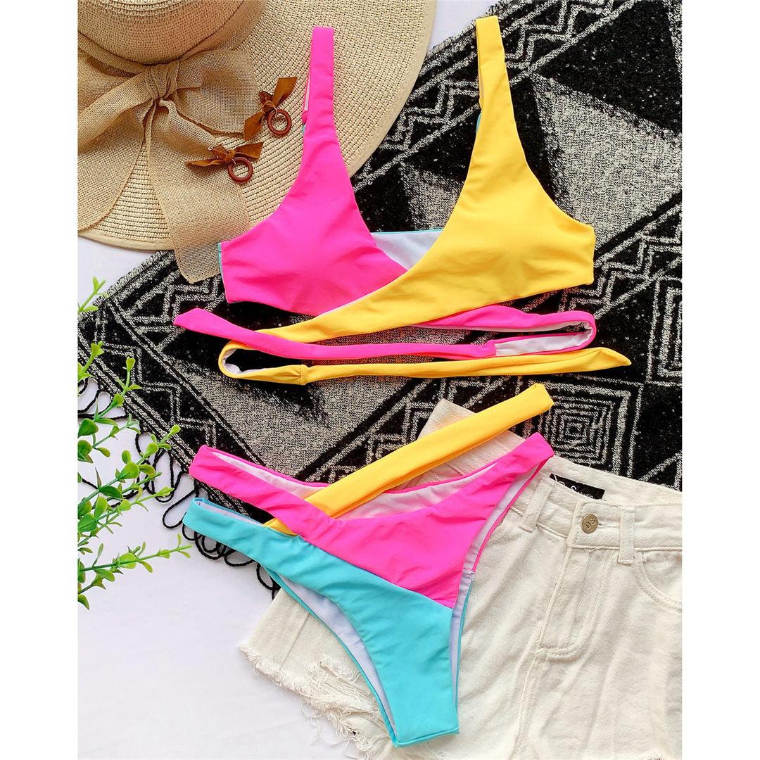 Splicing Bikini Female Swimsuit Two Piece Bikini Swimsuit for Women High Waist Crisscross Halter Wrap Bathing Suits with Bikini Bottom Women Swimwear Two-piece Bikini set Asymmetric Mid Waist Bather Bathing Suit Swim