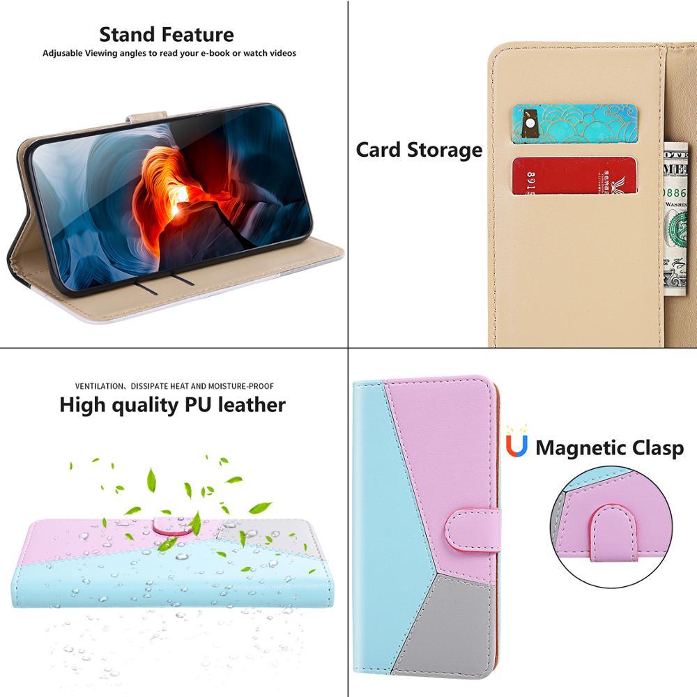 Splicing Leather Case for Xiaomi Redmi Note 11 10 9 9S 8T 7 Pro Phone Back Cover Redmi 9A 9T 9C Case Flip Book Stand Shell Leather Magnetic Flip Case Cover with Card Holder