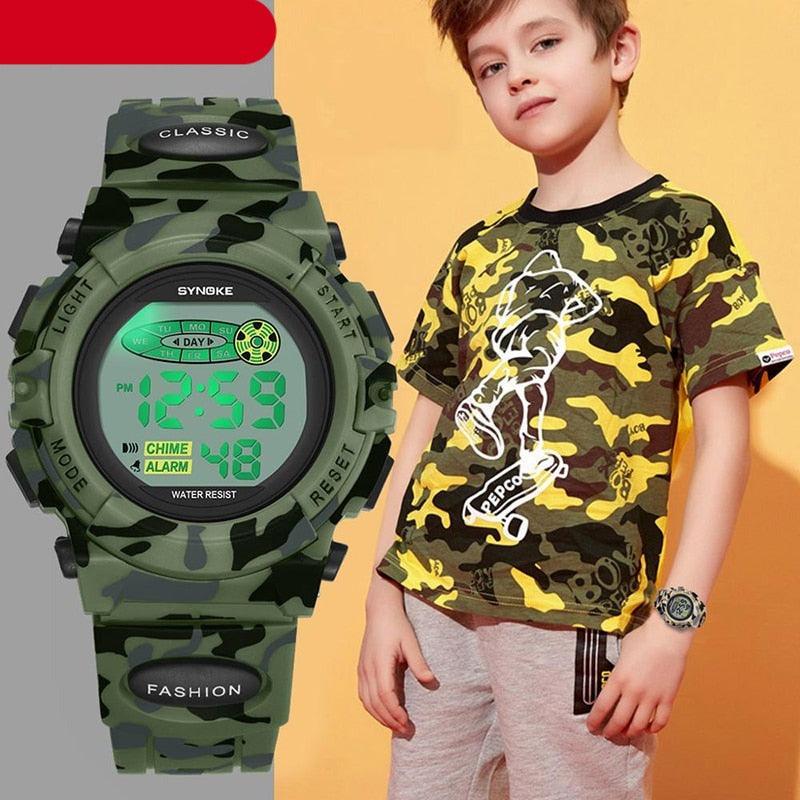 Sports Military Kids Digital Watches Student Childrens Watch Fashion Luminous Led Alarm Camouflage Green Waterproof Digital Sport Watches For Kids Birthday Presents Gifts