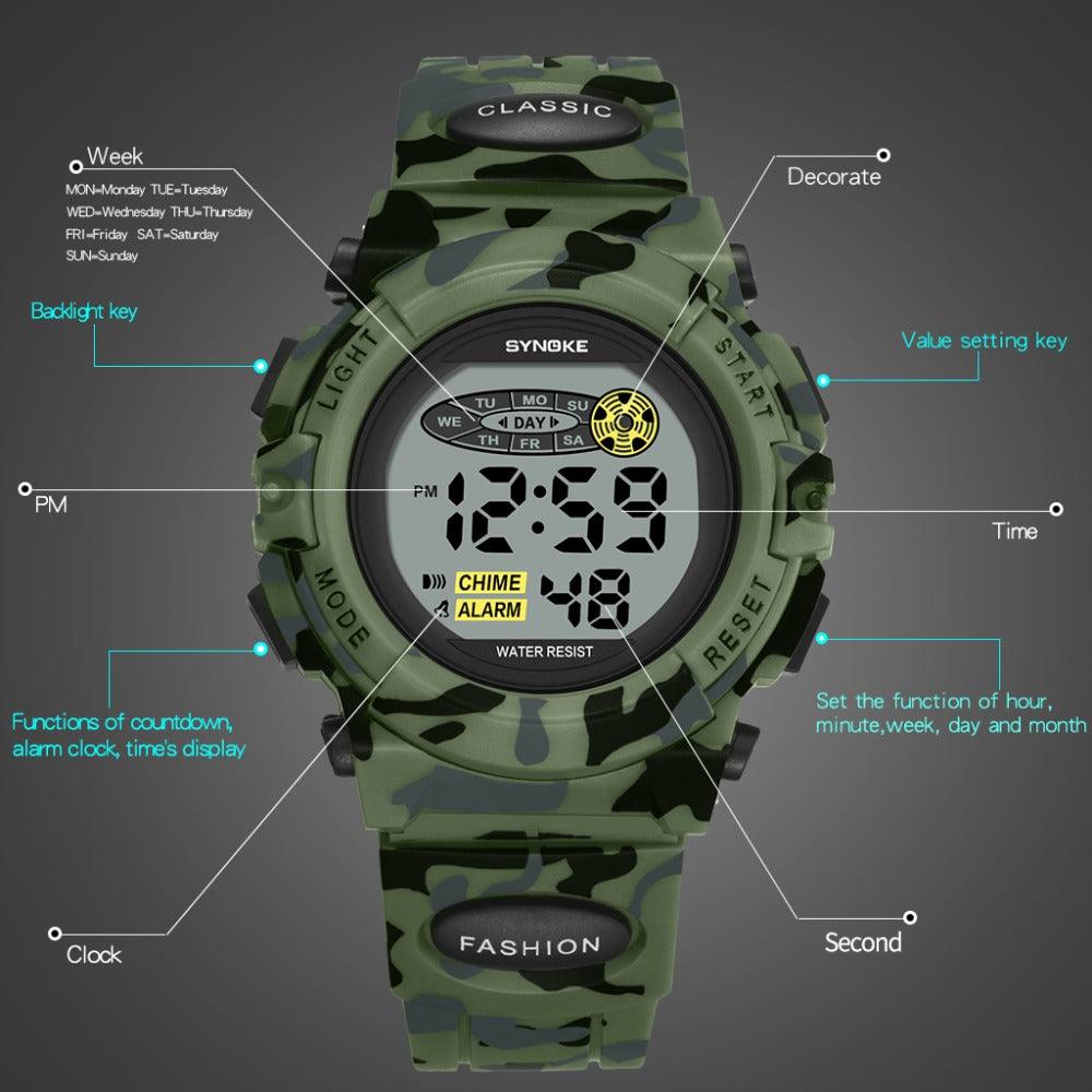 Sports Military Kids Digital Watches Student Childrens Watch Fashion Luminous Led Alarm Camouflage Green Waterproof Digital Sport Watches For Kids Birthday Presents Gifts