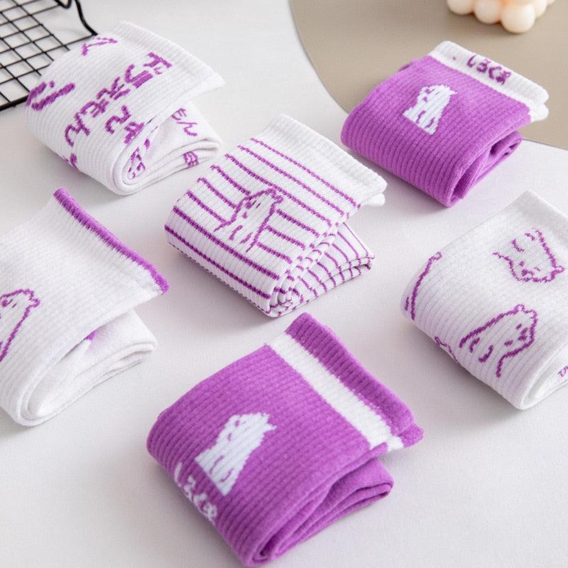 Spring And Summer Combed Out Of Pure Cotton Socks Mid Waist Fashion Bear Socks Cute Animal Socks Kawaii Cute Cartoon Purple College Socks For Men And Women