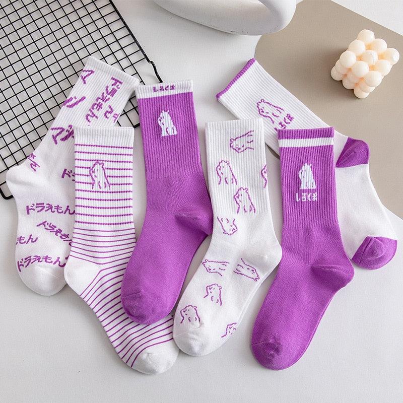 Spring And Summer Combed Out Of Pure Cotton Socks Mid Waist Fashion Bear Socks Cute Animal Socks Kawaii Cute Cartoon Purple College Socks For Men And Women