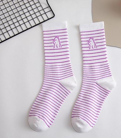 Spring And Summer Combed Out Of Pure Cotton Socks Mid Waist Fashion Bear Socks Cute Animal Socks Kawaii Cute Cartoon Purple College Socks For Men And Women