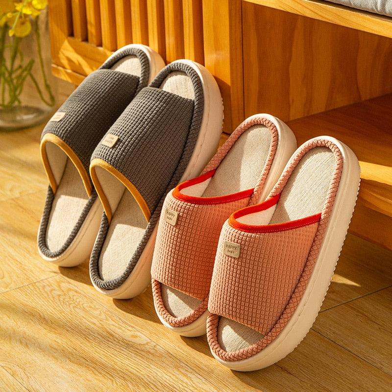 Spring Home Cotton Slippers All Season Flip Flops EVA Hemp Indoor Women Couples Men Thick Sole Non-Slip Bath Shower Shoes Platform Slides Quick Dry Slippers Thick Massage Shoes