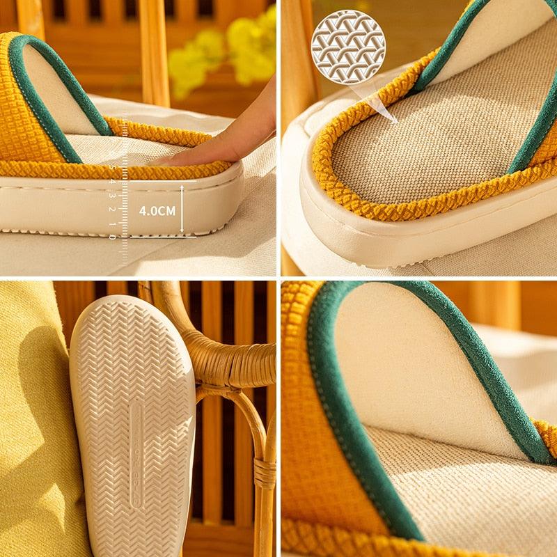 Spring Home Cotton Slippers All Season Flip Flops EVA Hemp Indoor Women Couples Men Thick Sole Non-Slip Bath Shower Shoes Platform Slides Quick Dry Slippers Thick Massage Shoes