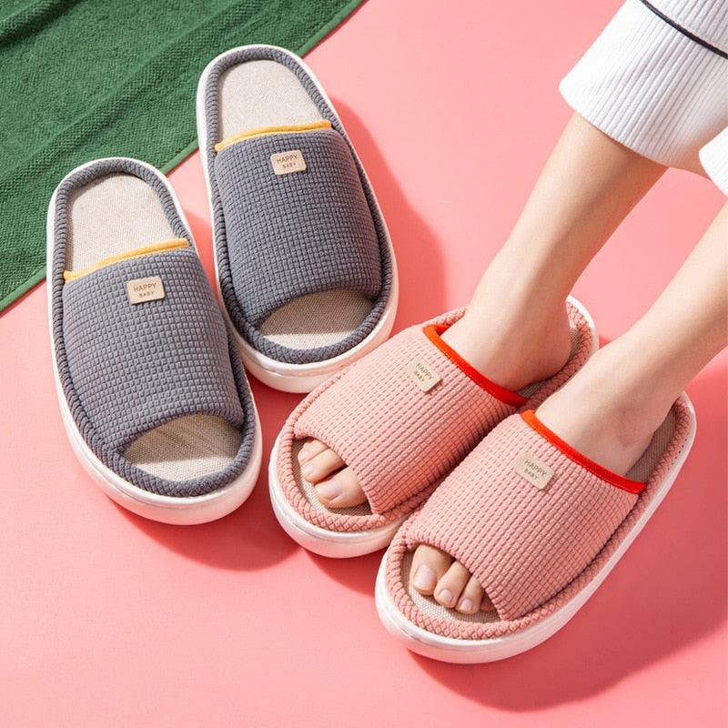 Spring Home Cotton Slippers All Season Flip Flops EVA Hemp Indoor Women Couples Men Thick Sole Non-Slip Bath Shower Shoes Platform Slides Quick Dry Slippers Thick Massage Shoes