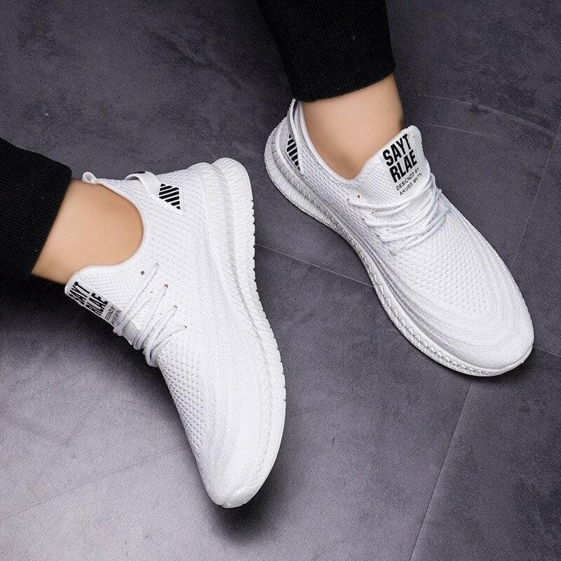 Spring New Men Sneakers White Fashion Flat Casual Mesh Breathable Walking Sneakers Lightweight Running Trainers Mesh Comfortable Sport Fashion Lace Up Mens Sneakers