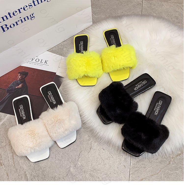 Spring Summer Fluffy Fur Slippers Shoes Woman Plush Fur Slip On Flip Flop Flat Furry Fur Slides Outdoor Sandals Furry Slides Summer Sandals Open Toe Indoor Outdoor Fluffy Slides