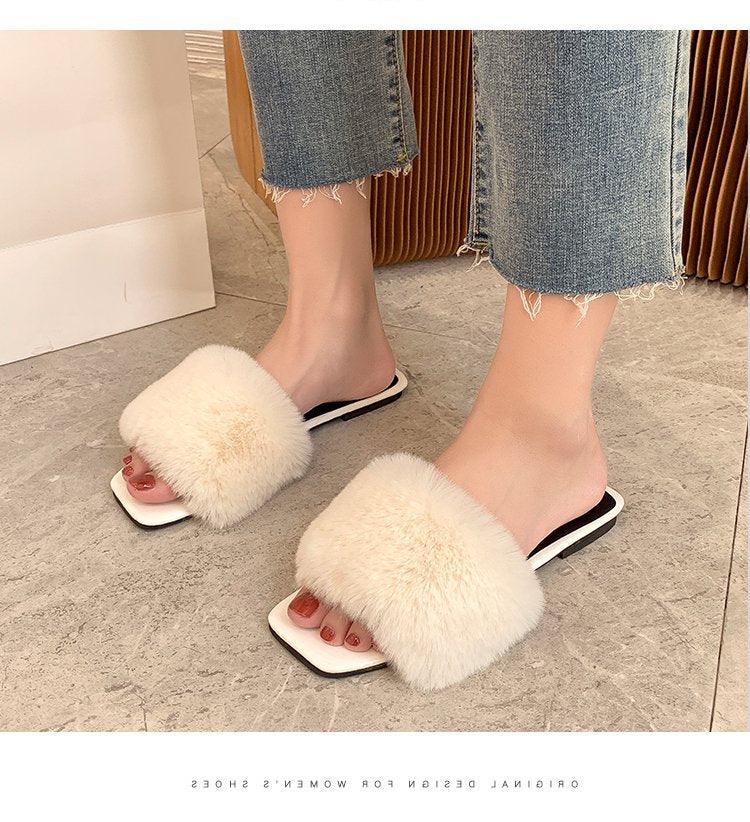 Spring Summer Fluffy Fur Slippers Shoes Woman Plush Fur Slip On Flip Flop Flat Furry Fur Slides Outdoor Sandals Furry Slides Summer Sandals Open Toe Indoor Outdoor Fluffy Slides