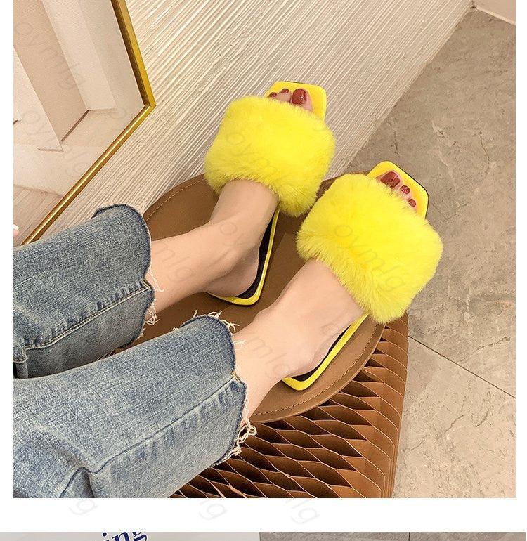 Spring Summer Fluffy Fur Slippers Shoes Woman Plush Fur Slip On Flip Flop Flat Furry Fur Slides Outdoor Sandals Furry Slides Summer Sandals Open Toe Indoor Outdoor Fluffy Slides