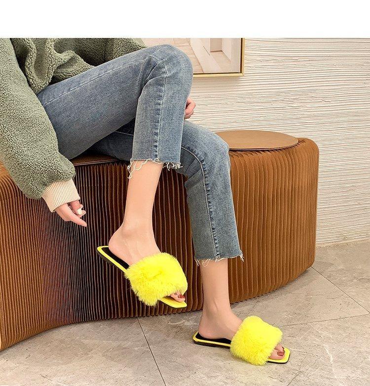 Spring Summer Fluffy Fur Slippers Shoes Woman Plush Fur Slip On Flip Flop Flat Furry Fur Slides Outdoor Sandals Furry Slides Summer Sandals Open Toe Indoor Outdoor Fluffy Slides