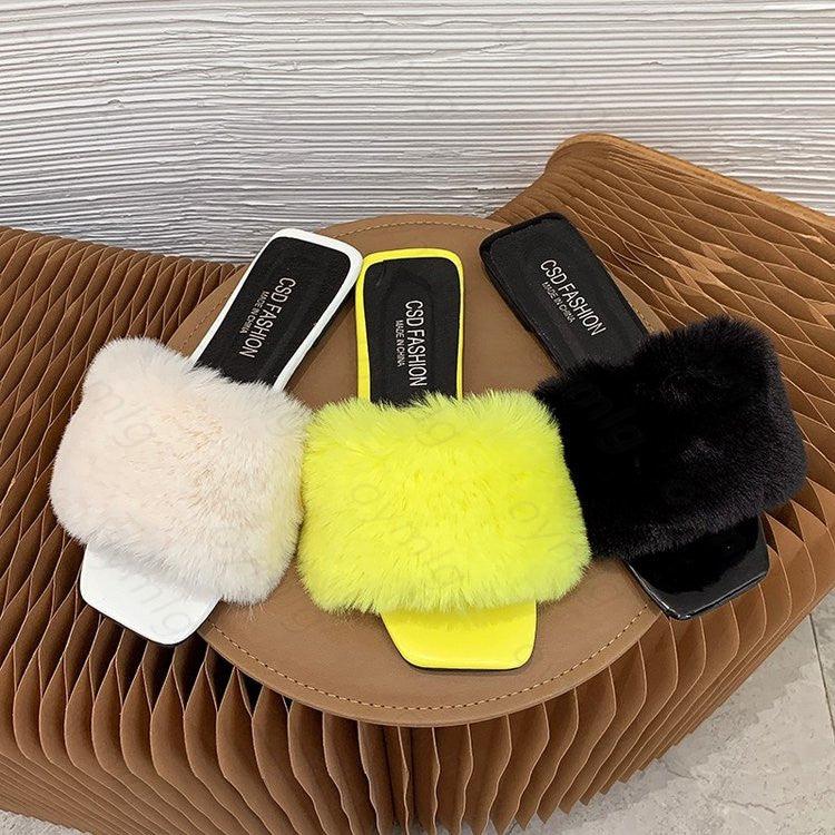 Spring Summer Fluffy Fur Slippers Shoes Woman Plush Fur Slip On Flip Flop Flat Furry Fur Slides Outdoor Sandals Furry Slides Summer Sandals Open Toe Indoor Outdoor Fluffy Slides