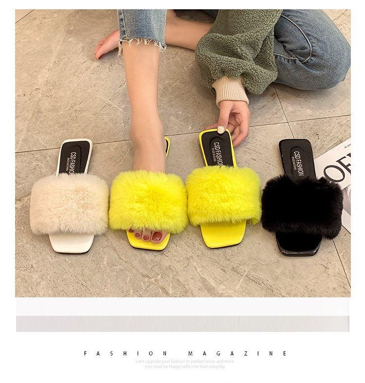 Spring Summer Fluffy Fur Slippers Shoes Woman Plush Fur Slip On Flip Flop Flat Furry Fur Slides Outdoor Sandals Furry Slides Summer Sandals Open Toe Indoor Outdoor Fluffy Slides