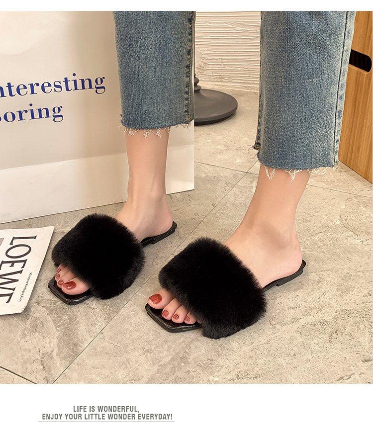 Spring Summer Fluffy Fur Slippers Shoes Woman Plush Fur Slip On Flip Flop Flat Furry Fur Slides Outdoor Sandals Furry Slides Summer Sandals Open Toe Indoor Outdoor Fluffy Slides