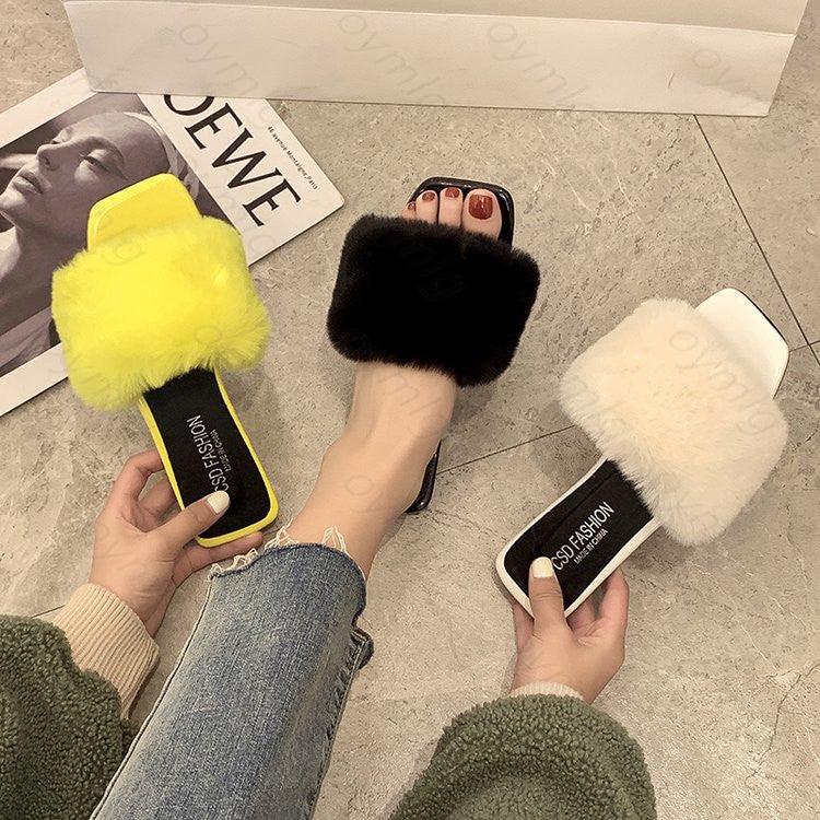 Spring Summer Fluffy Fur Slippers Shoes Woman Plush Fur Slip On Flip Flop Flat Furry Fur Slides Outdoor Sandals Furry Slides Summer Sandals Open Toe Indoor Outdoor Fluffy Slides