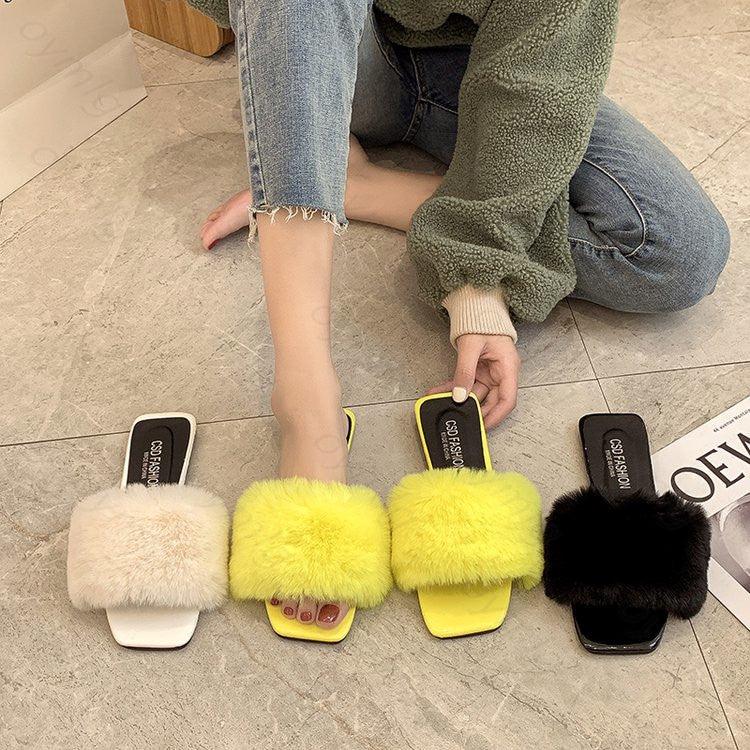 Spring Summer Fluffy Fur Slippers Shoes Woman Plush Fur Slip On Flip Flop Flat Furry Fur Slides Outdoor Sandals Furry Slides Summer Sandals Open Toe Indoor Outdoor Fluffy Slides