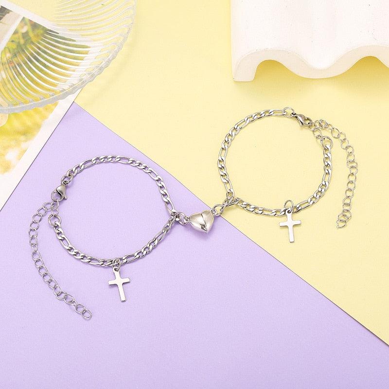 Stainless Steel Heart Shaped Magnet Attraction Bracelet For Couples Paired Bracelets Magnetic Heart Bracelet For Couples Mutual Attraction Cuban Chain Elegant Bracelet Couple Bracelets