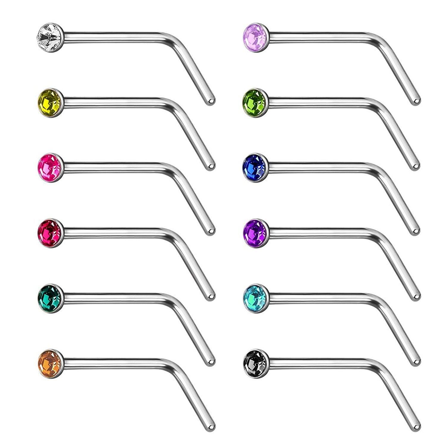 Stainless Steel L Shape Nose Stud Pack 20G Crystal Straight Stud Nose Ring Set Nose Stud Lot Piercing Straight Pin Nose Stud With Crystal Nose Piercing Body Jewelry Nose Studs Rings Piercing Pin Stud Pin  Piercing Cartilage Tragus Earring Body Jewelry