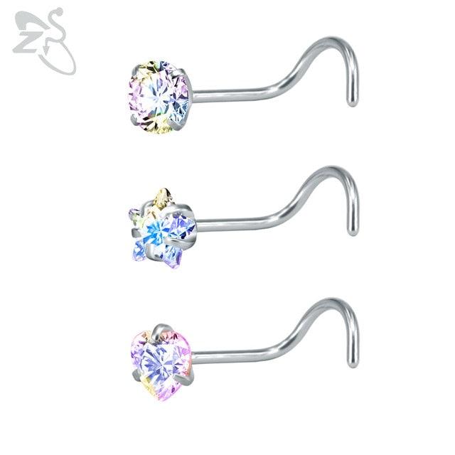 Stainless Steel Nose Stud Set Round Heart Star CZ Crystal Nose Piercings L Shape Nostril Piercing Nose Rings For Nose Piercing Stainless Steel Nose Screw Nose  Jewelry Stainless Steel Nose Rings L Shape Rings Studs Surgical Steel Nose Nostril For Women