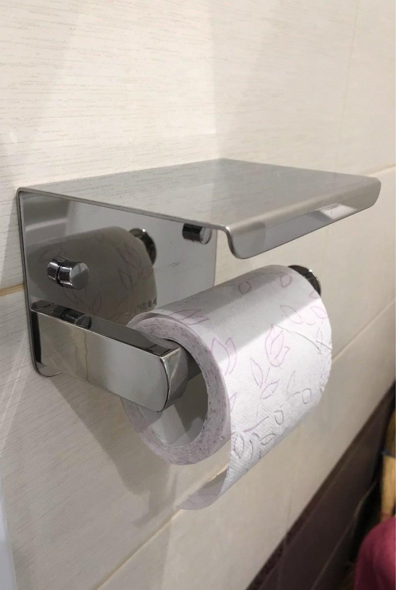 Stainless Steel Toilet Paper Holder Bathroom Wall Mount WC Paper Phone Holder Shelf Towel Roll shelf Accessories Toilet Paper Holder With Phone Shelf Aluminum Bathroom Accessories Tissue Roll Dispenser Storage Rack, Wall Mounted Modern Paper Towel Adapter