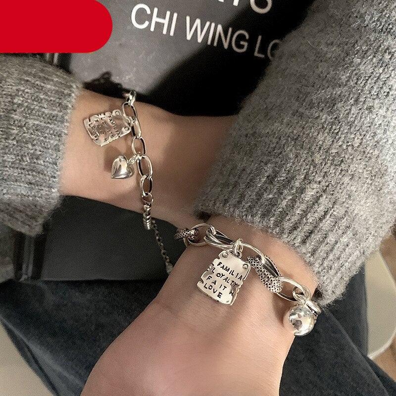 Sterling Silver Simple Heart Ball Letter Square Bracelet Fashion Unique Design Retro Couple Heart Cute Couple Charms Chain Bracelet Adjustable Layered Metal Link Bracelet For Women Girls