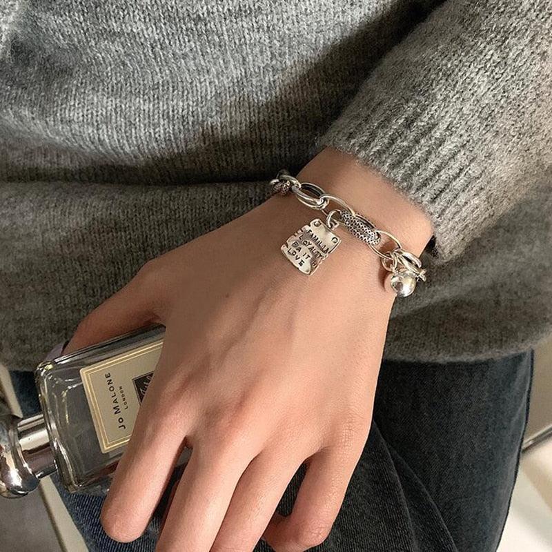 Sterling Silver Simple Heart Ball Letter Square Bracelet Fashion Unique Design Retro Couple Heart Cute Couple Charms Chain Bracelet Adjustable Layered Metal Link Bracelet For Women Girls