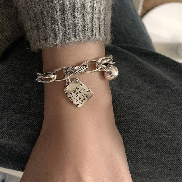 Sterling Silver Simple Heart Ball Letter Square Bracelet Fashion Unique Design Retro Couple Heart Cute Couple Charms Chain Bracelet Adjustable Layered Metal Link Bracelet For Women Girls