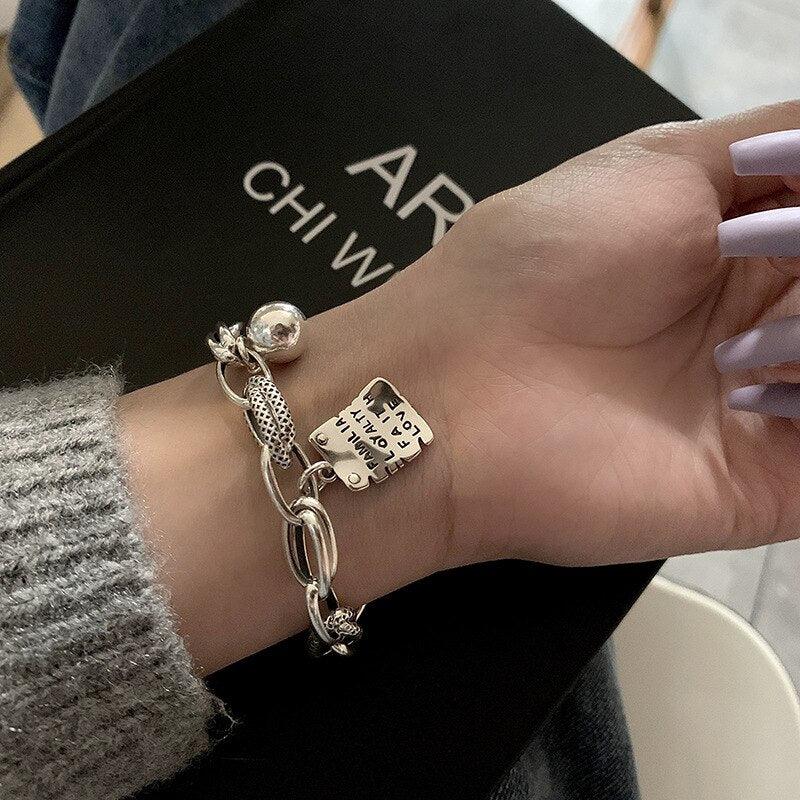 Sterling Silver Simple Heart Ball Letter Square Bracelet Fashion Unique Design Retro Couple Heart Cute Couple Charms Chain Bracelet Adjustable Layered Metal Link Bracelet For Women Girls