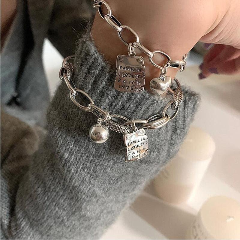 Sterling Silver Simple Heart Ball Letter Square Bracelet Fashion Unique Design Retro Couple Heart Cute Couple Charms Chain Bracelet Adjustable Layered Metal Link Bracelet For Women Girls