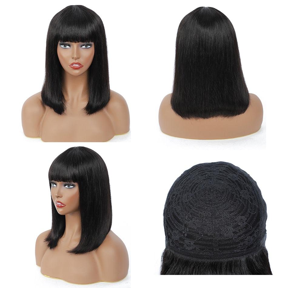 Straight Bob Human Hair Wigs With Bangs Short Brazilian Human Hair Bob Wigs For Woman No Lace Full Machine Made Human Hair Wigs For Black Women Gifts for Girlfriends