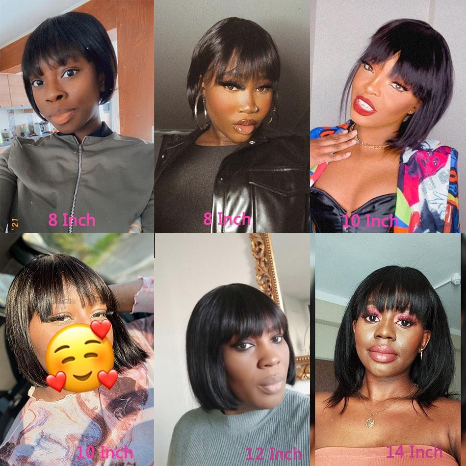 Straight Bob Human Hair Wigs With Bangs Short Brazilian Human Hair Bob Wigs For Woman No Lace Full Machine Made Human Hair Wigs For Black Women Gifts for Girlfriends