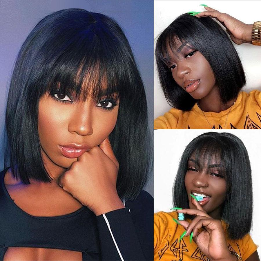 Straight Bob Human Hair Wigs With Bangs Short Brazilian Human Hair Bob Wigs For Woman No Lace Full Machine Made Human Hair Wigs For Black Women Gifts for Girlfriends