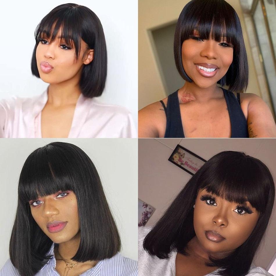 Straight Bob Human Hair Wigs With Bangs Short Brazilian Human Hair Bob Wigs For Woman No Lace Full Machine Made Human Hair Wigs For Black Women Gifts for Girlfriends