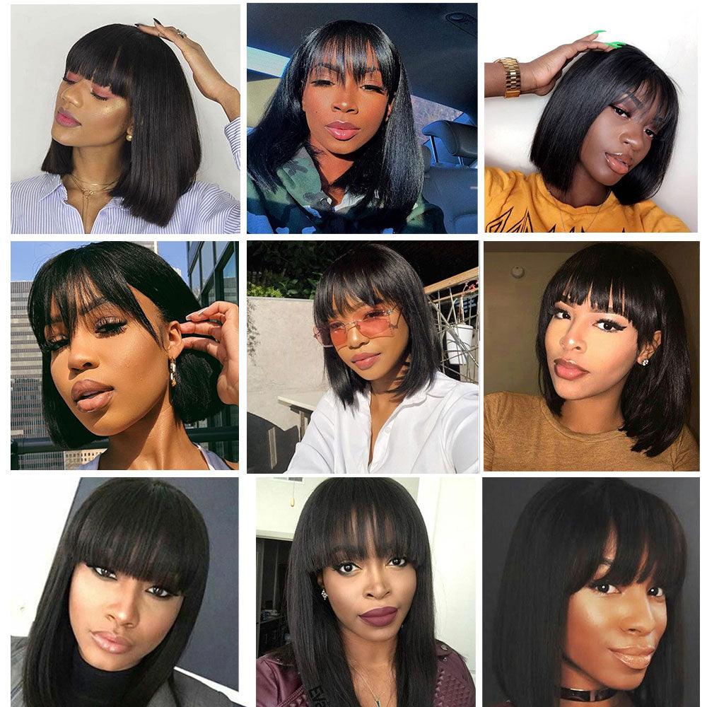 Straight Bob Human Hair Wigs With Bangs Short Brazilian Human Hair Bob Wigs For Woman No Lace Full Machine Made Human Hair Wigs For Black Women Gifts for Girlfriends