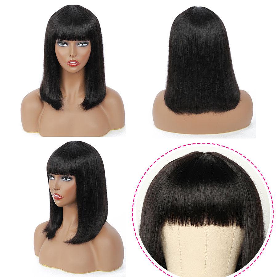 Straight Bob Human Hair Wigs With Bangs Short Brazilian Human Hair Bob Wigs For Woman No Lace Full Machine Made Human Hair Wigs For Black Women Gifts for Girlfriends